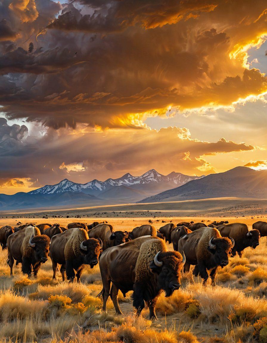 A breathtaking view of a herd of buffalo grazing peacefully in a vast open landscape at sunset, with golden rays casting a warm glow across rolling hills. The focus is on the majestic buffalo, showcasing their strong physiques and expressive eyes, with a distant mountain range providing a dramatic backdrop. Soft clouds enhance the serene atmosphere, depicting the beauty of wildlife photography. Captured in a vibrant and realistic style.