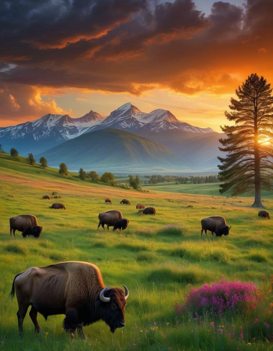 A breathtaking landscape featuring a herd of wild buffalo grazing on lush green pastures under a dramatic sunset sky, intertwined with vibrant wildflowers. In the foreground, a photographer with a camera captures the moment, surrounded by the beauty of nature, such as towering trees and distant mountains. The image should convey tranquility and the essence of wild encounters in nature. super-realistic. vibrant colors. expansive background.