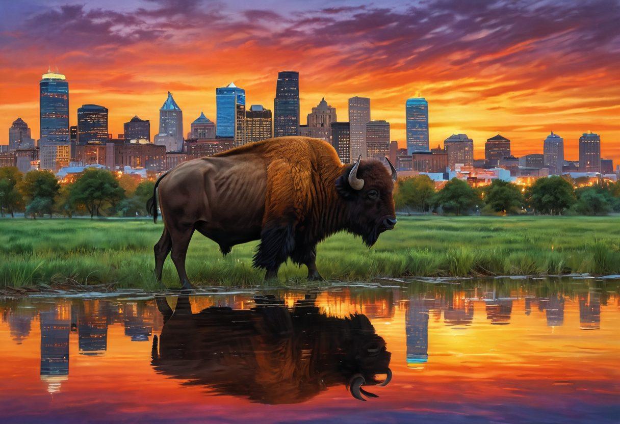 A captivating composition featuring a picturesque Buffalo skyline at sunset, with an artist painting a vibrant scene on canvas, capturing rich details of city life and nature. Include various photography snapshots scattered around, showcasing wildlife and urban landscapes, blending the essence of artistic expression and photography. Emphasize warm hues and dynamic brush strokes. super-realistic. vibrant colors. dramatic lighting.